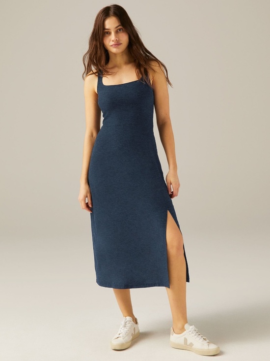 Beyond Yoga • Navy Featherweight Square Neck Slit Midi Dress • Size S - Picture 1 of 8